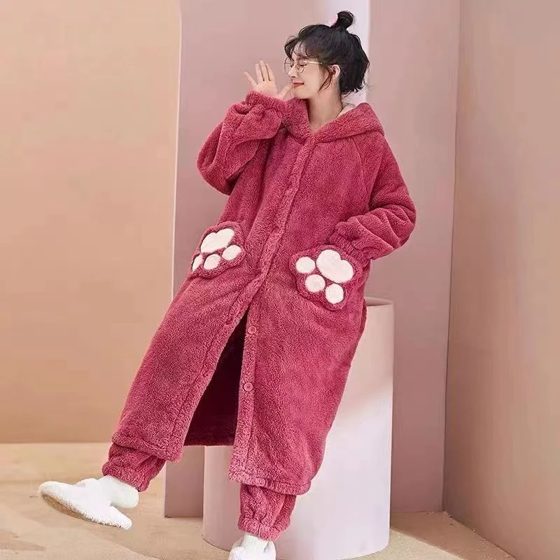 Y3秋冬款长袖女士连帽外穿卡通中长款长毛绒睡袍加绒加厚长款睡袍