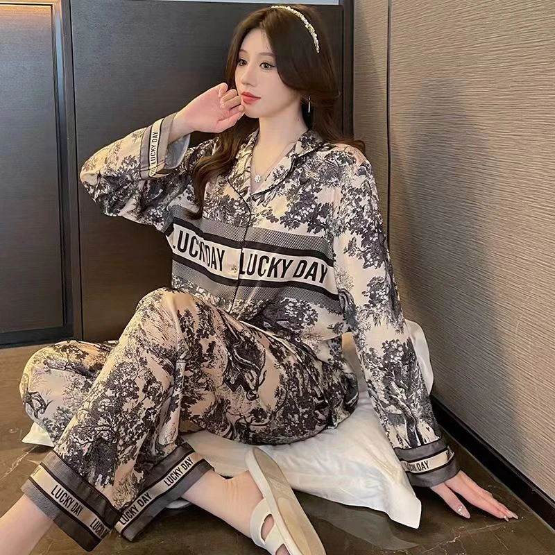 高级感海岛绒水墨画印花睡衣女新款长袖家居服长裤套装可外穿ins