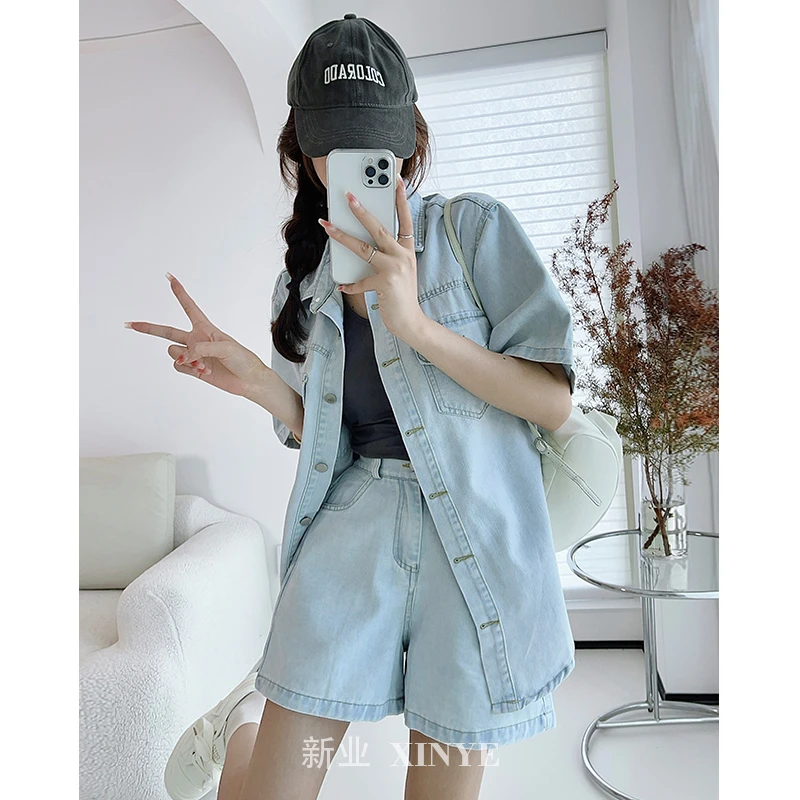 短袖牛仔衬衫套装女2024夏季新款小个子港风复古阔腿短裤两件套潮