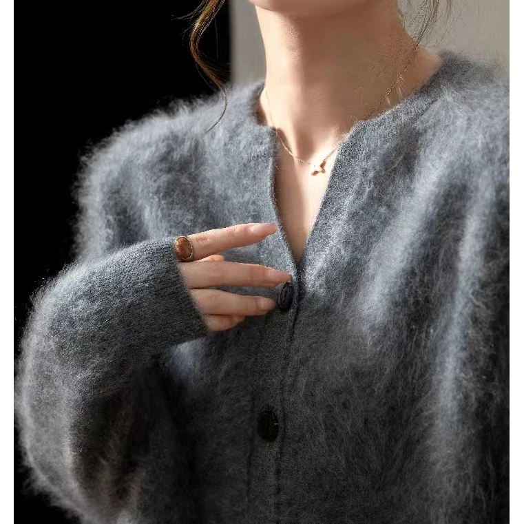 【康赛妮~小禾】气质拉绒纯山羊绒开衫女拉毛秋冬款开衫毛衣外套