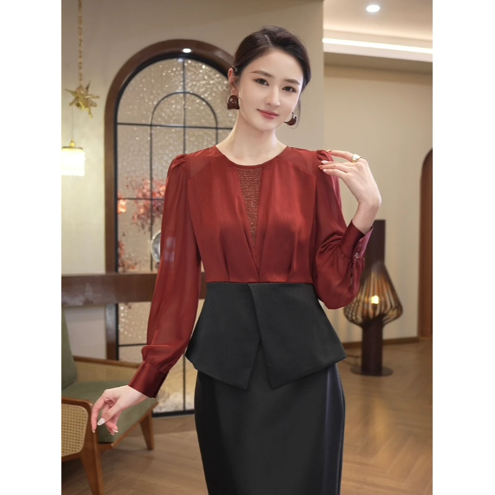 唐熹预售2025春季新款【Q24-Q800】气质小众缎面拼接长袖衬衫上衣女