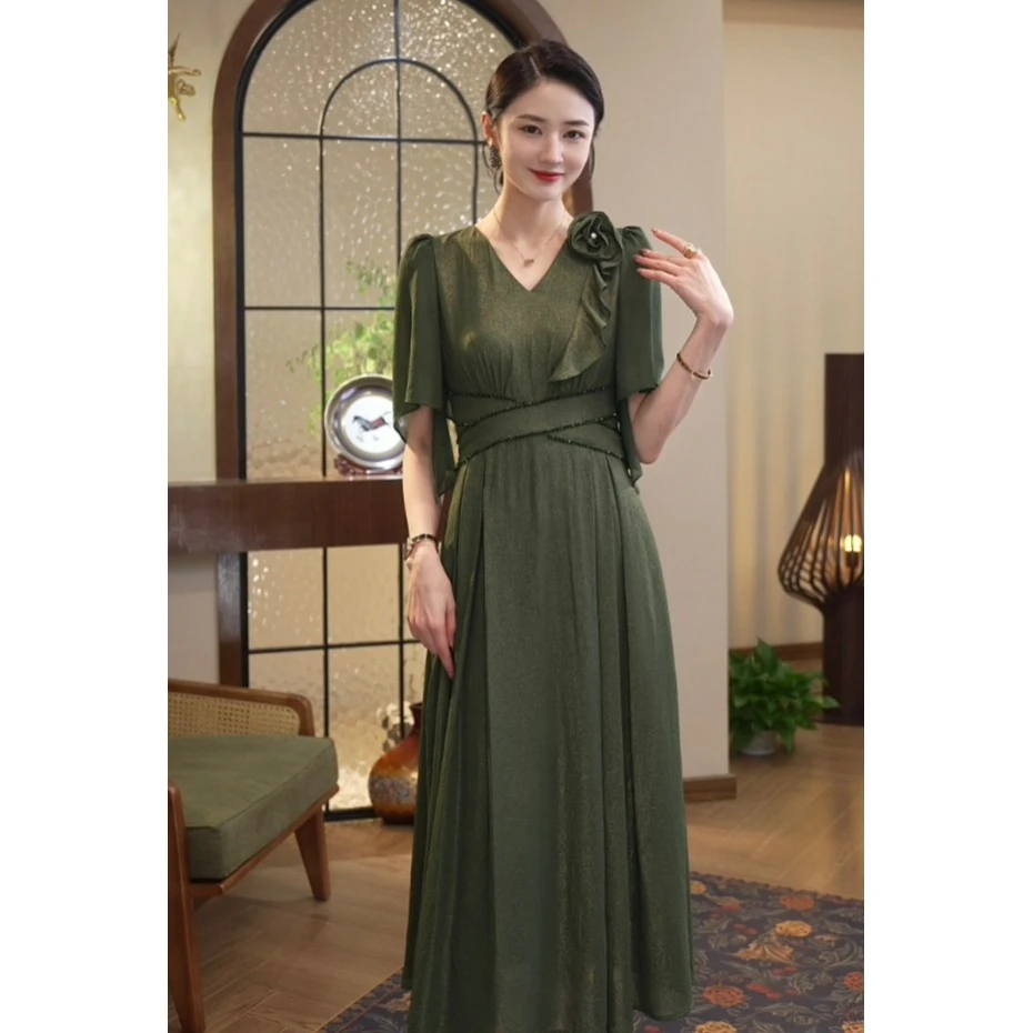 唐熹现货2025夏季新款【Q24-X322】高贵轻奢绿色优雅宴会连衣裙子女
