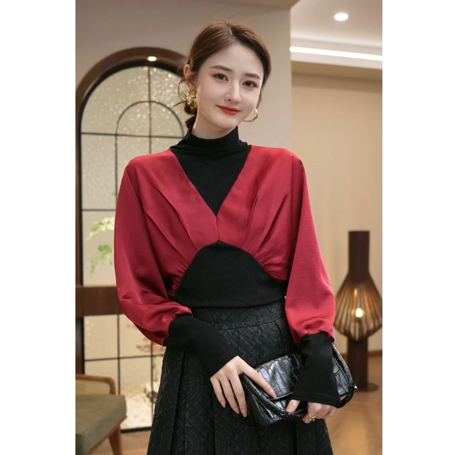 现货2025春秋新款【DD-832】气质轻奢拼接酒红色显瘦衬衫针织上衣女
