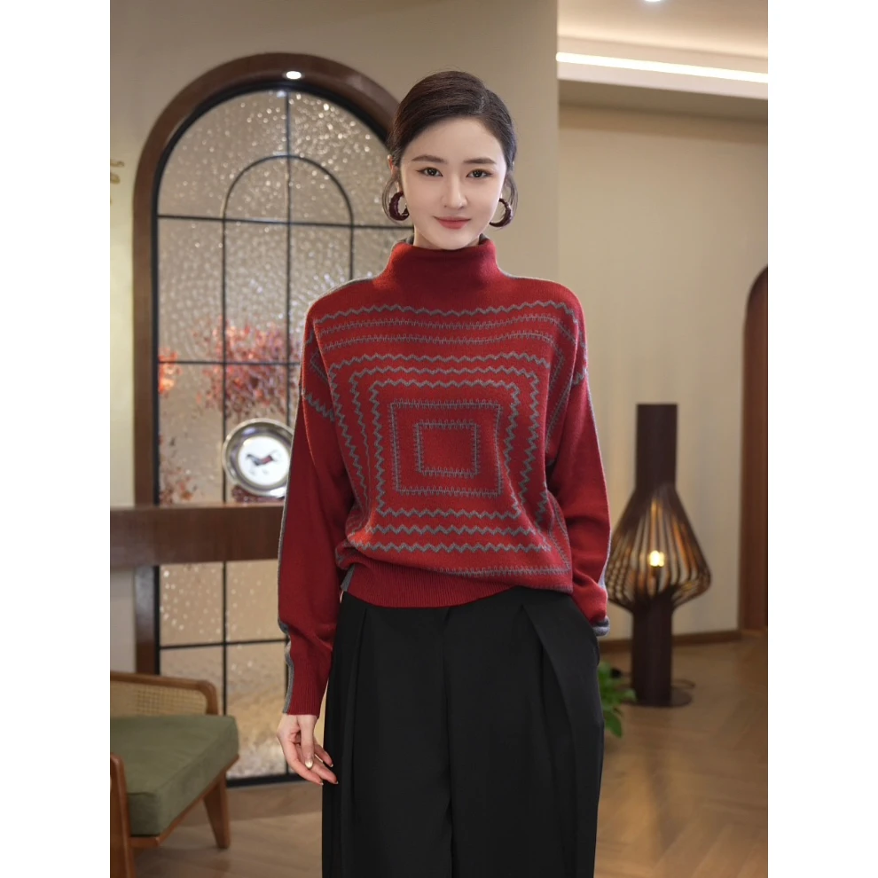 唐熹预售2024秋冬新款【6625】含绵羊毛气质波浪花纹针织衫上衣女