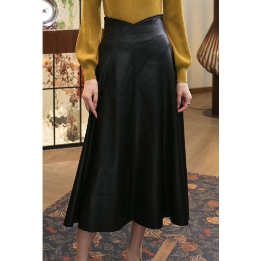 现货2025年秋季新款【2403】气质小众轻奢皮面A字显瘦时尚半身裙子