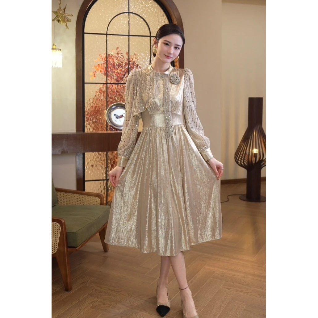 唐熹现货2025秋季新款【LT24-Q553】气质圆领高贵优雅杏色连衣裙子