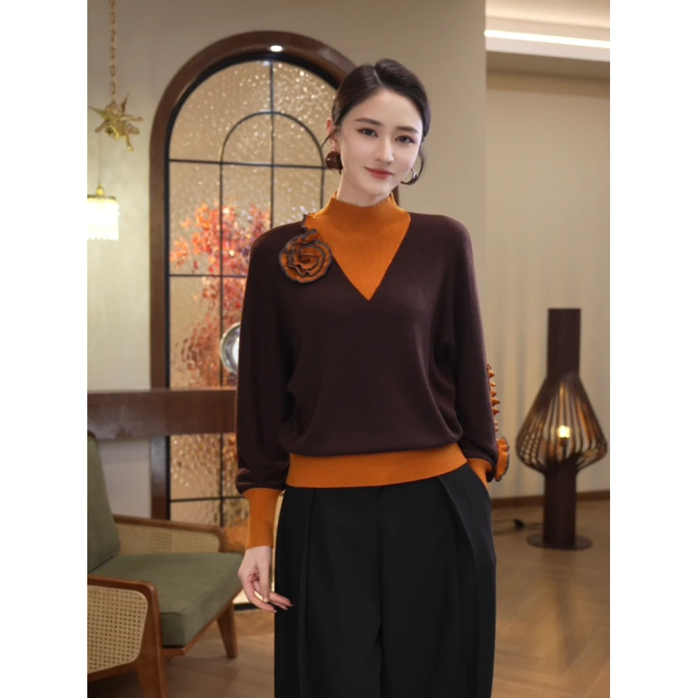 唐熹现货2025春季新款【ZM-D728JR】含绵羊毛假两件橙棕色花边上衣