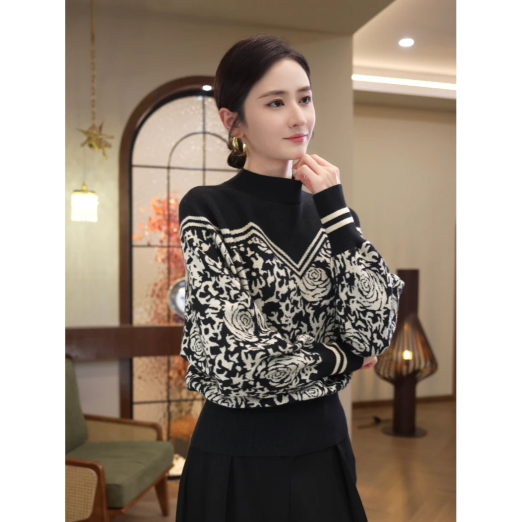 唐熹现货2025秋季新款【83JR】含绵羊毛时尚设计感黑色针织衫上衣女