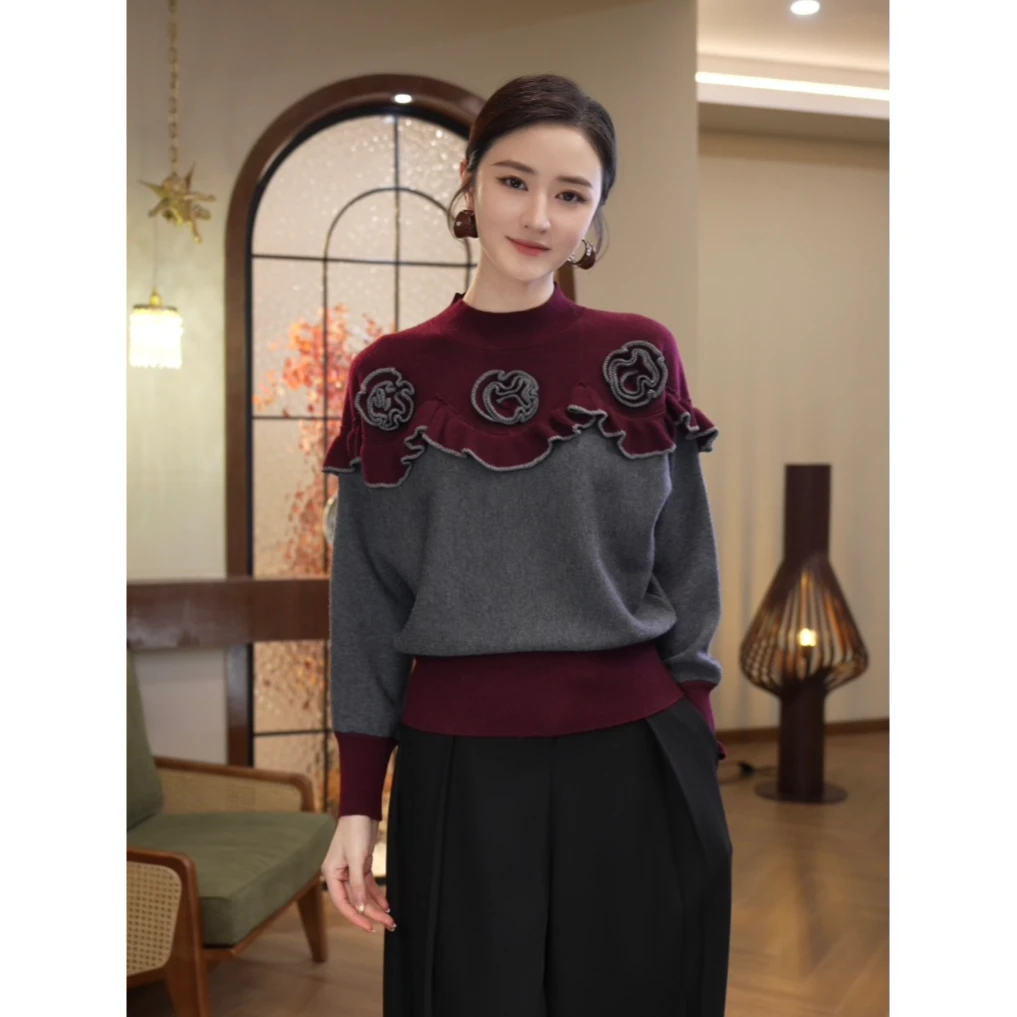 唐熹现货2025秋冬新款【LT-D881】含绵羊毛立体装饰灰色针织衫毛衣