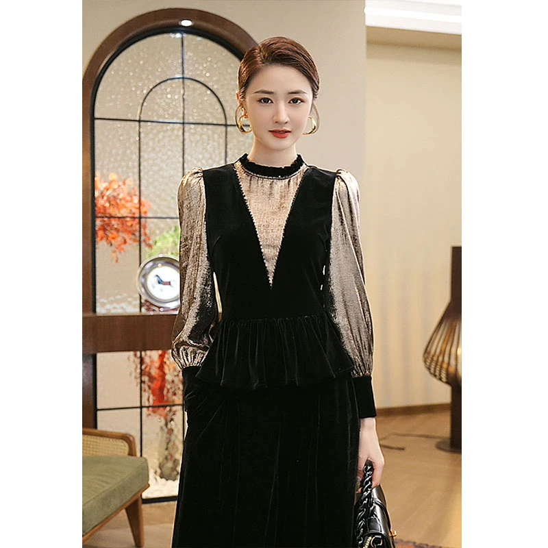 预售2024冬装新款【Q23-104】高级感轻奢法式重工丝绒长袖衬衫上衣