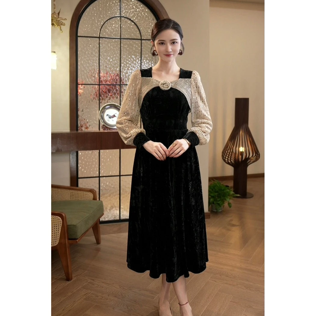 唐熹预售2025年春季新款【X24-Q246-1】气质黑色丝绒收腰显瘦连衣裙