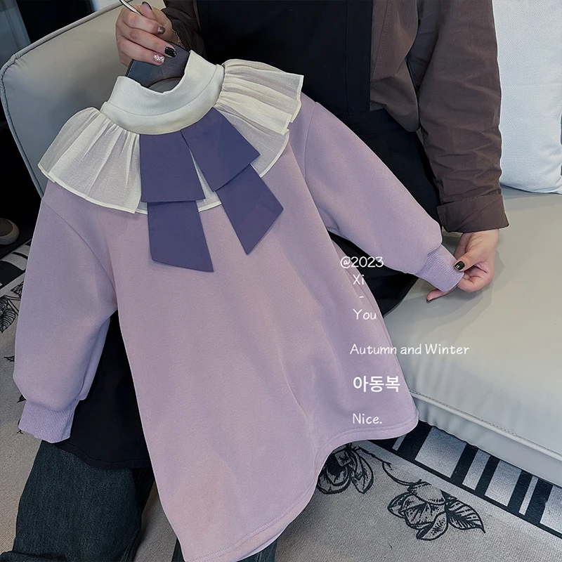 2023秋冬新款女童韩版时尚设计师拼接长袖百搭加绒卫衣裙YN23218A