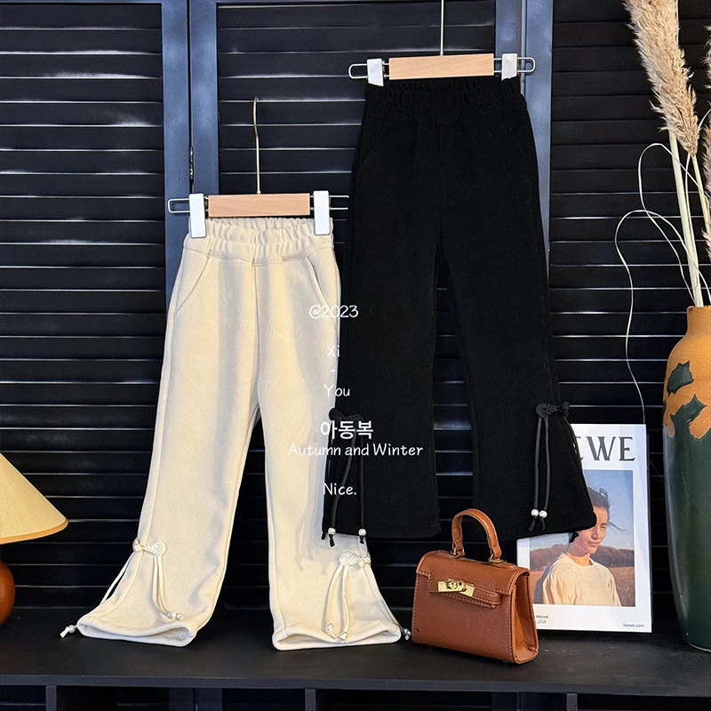 2023秋冬新款女童韩版新中式盘扣洋气百搭加绒松紧腰长裤YO23910