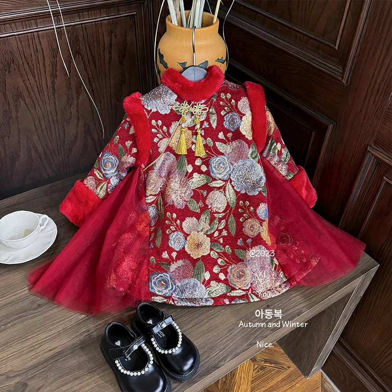现货一路生花 24年冬款女童新中式红色毛毛拼纱盘扣拜年服23243