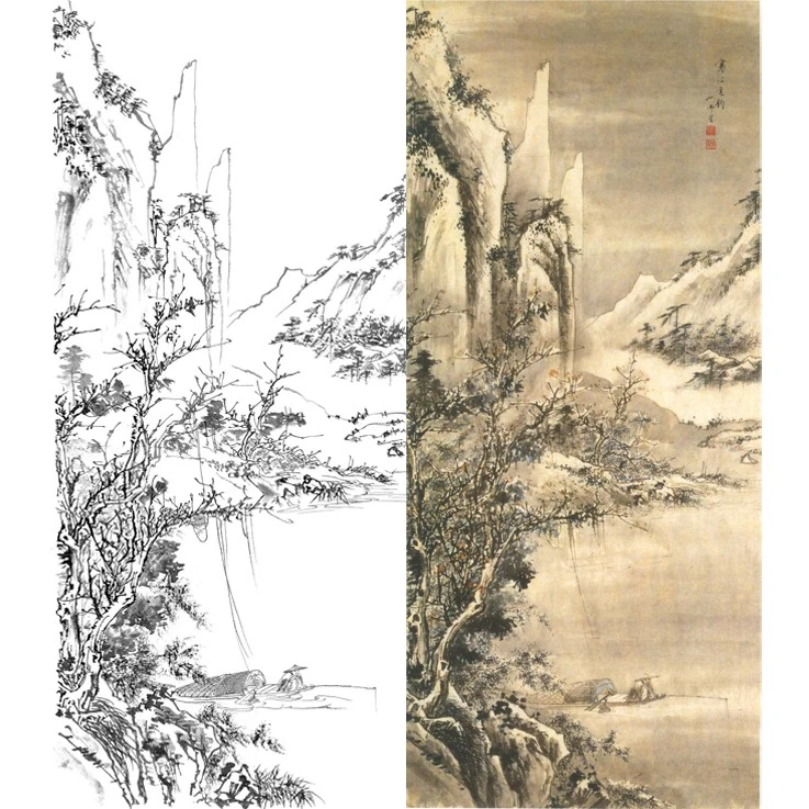 工笔画白描底稿胡也佛竖幅山水实物白纸勾线打印稿尺寸可选L375