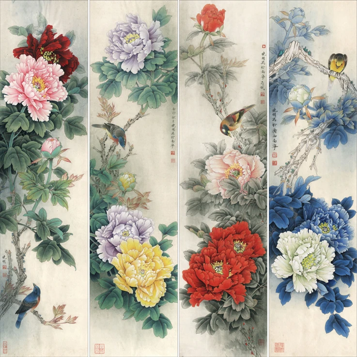 工笔国画李晓明白描底稿实物打印稿牡丹四条屏33*132共4幅含彩图