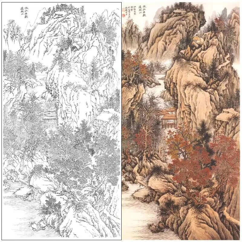 工笔画山水白描底稿大竖幅山水人物法国画临摹勾线高清素材658X