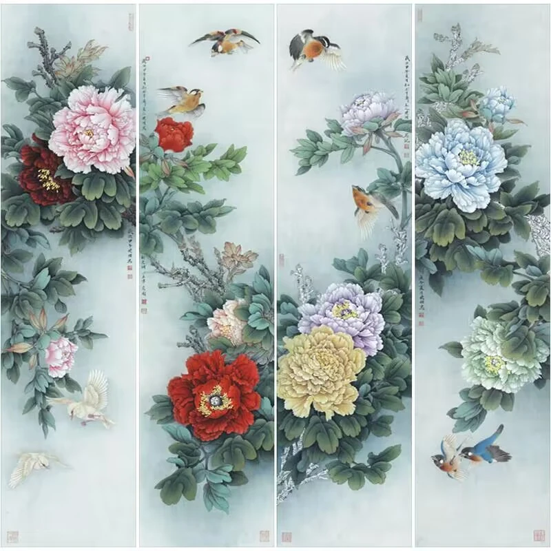 高清工笔国画底稿花鸟牡丹白描四条屏底稿线描高清实物打印稿630L