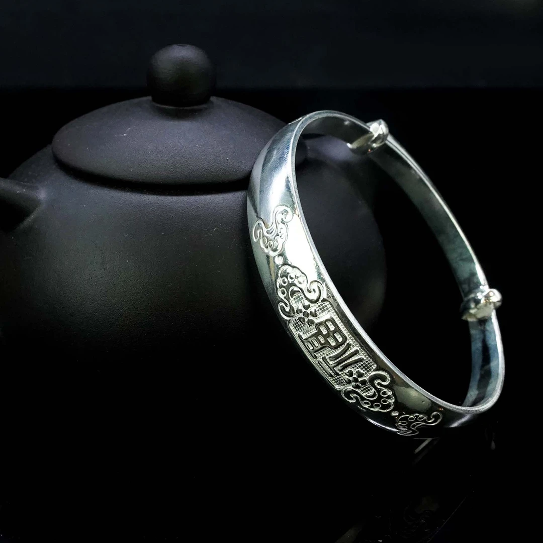 足银手镯 经典福字推拉气质手镯   足银999