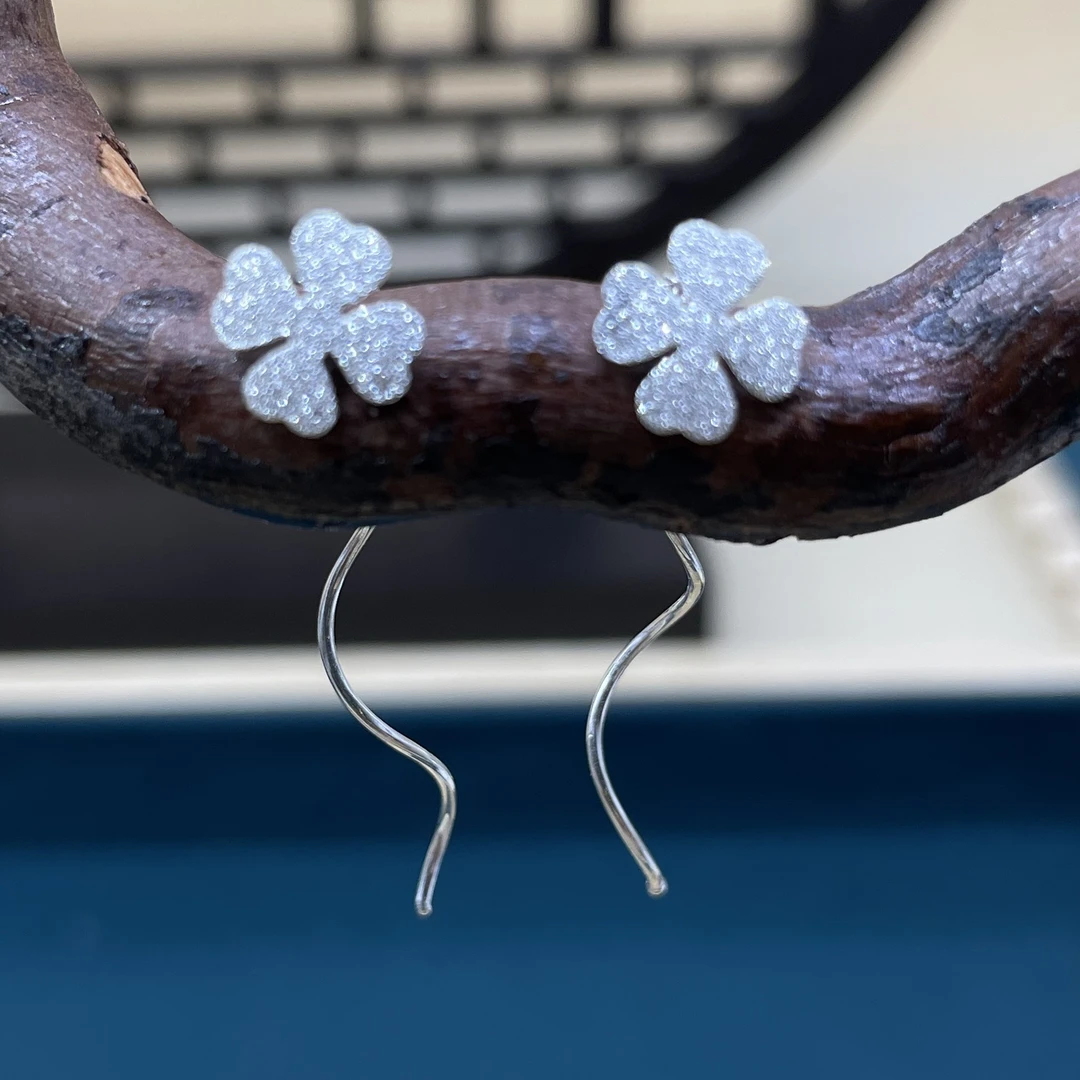 足银耳饰 43MM四叶草耳线足银990耳环耳钩简约精致轻奢饰品气质