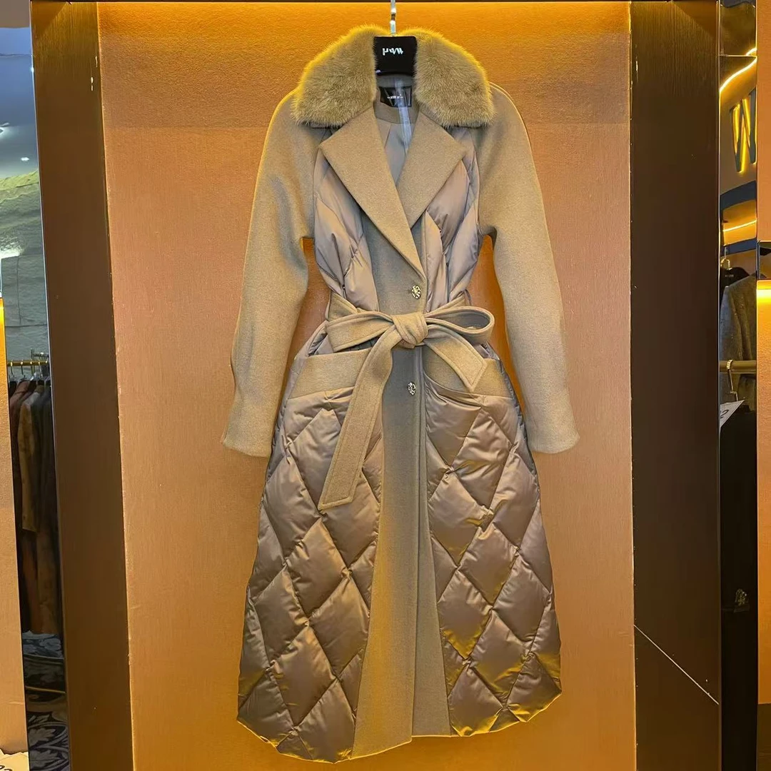 HWW白鹅绒(毛领水貂毛)潮流时尚法式收腰长款羽绒服DHZFF407084