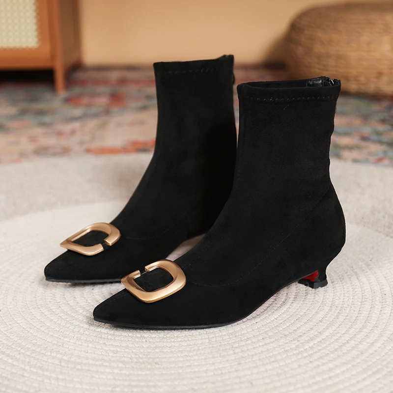 大码41-43短靴女2025秋尖头细跟法式复古气质高跟弹力瘦瘦短靴女