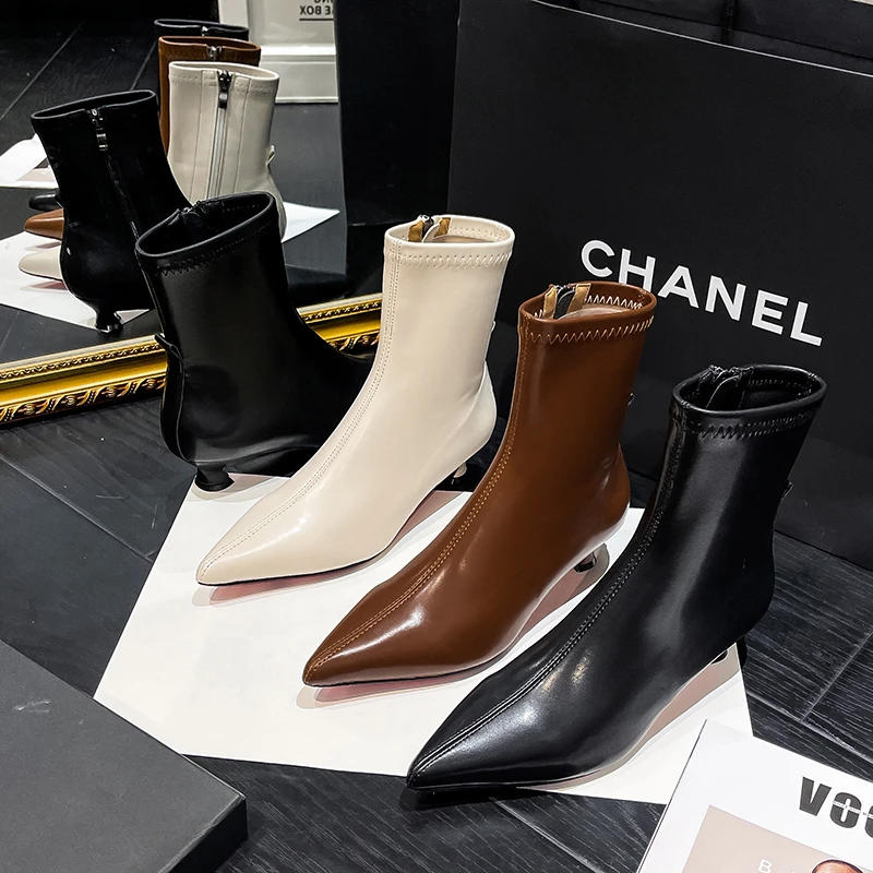 法式尖头瘦瘦靴女侧拉链2025秋短靴女32-34弹力靴大码裸靴女41-43