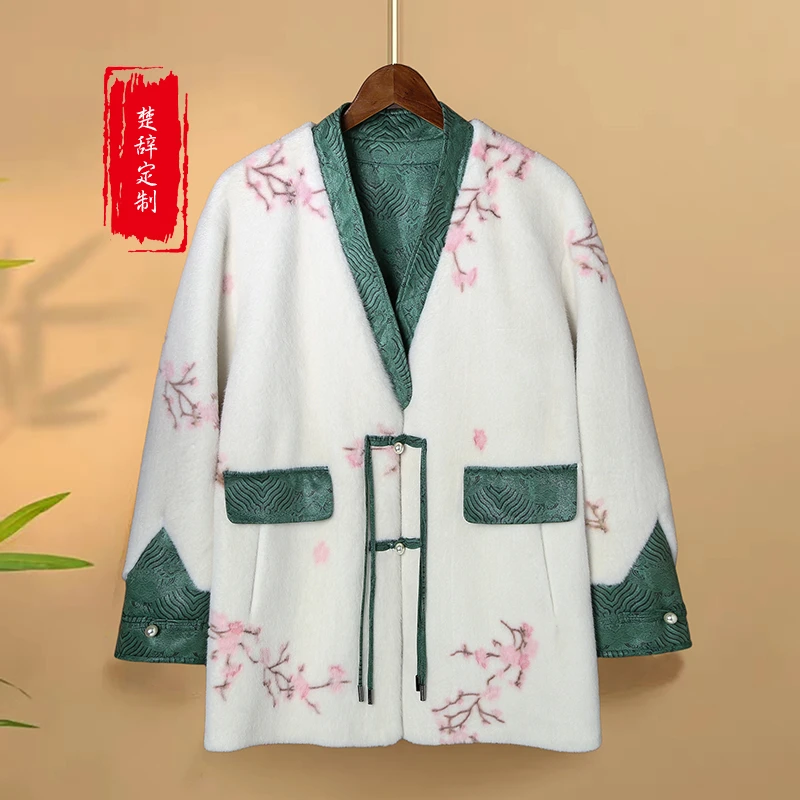 《桃花满枝》2023冬季新款新中式国风皮毛一体时尚加厚加绒外套女