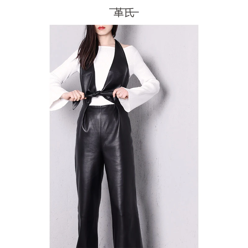 【革氏】设计进口小羊皮系带挂脖连体裤OL直筒长款皮裤休闲裤女
