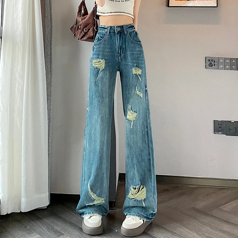 破洞直筒九分牛仔裤夏季春秋2024年新款薄款潮流显瘦高腰阔腿裤子