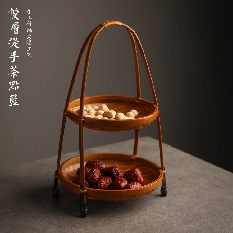 手工竹编双层果盘竹制茶点篮果篮糕点干果蝶坚果花生收纳提篮茶道