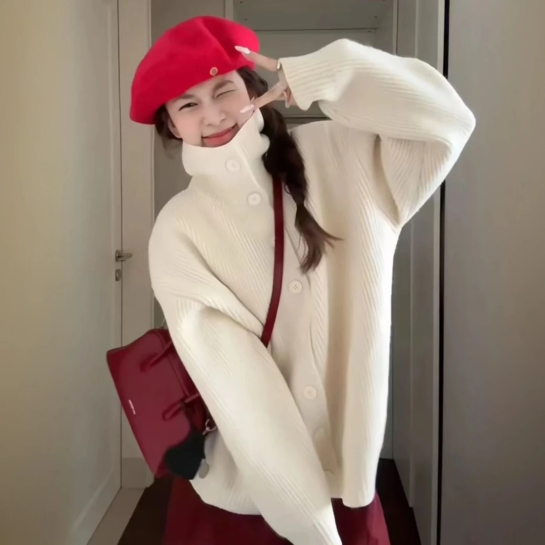 美式纯色毛衣秋冬季小翻领针织衫高街百搭休闲显瘦纯色开衫外套