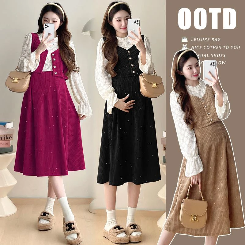 孕妇装秋装假两件拼接蕾丝长袖连衣裙秋季灯芯绒裙子春秋孕妇裙秋