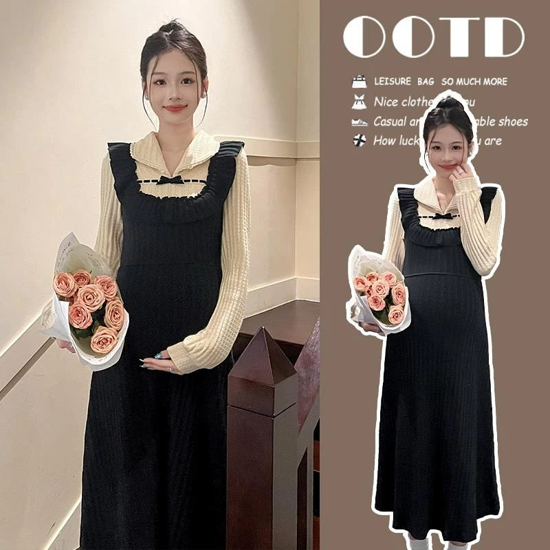孕妇秋冬连衣裙2024新款时尚法式假两件拼接针织裙春秋款孕妇裙子