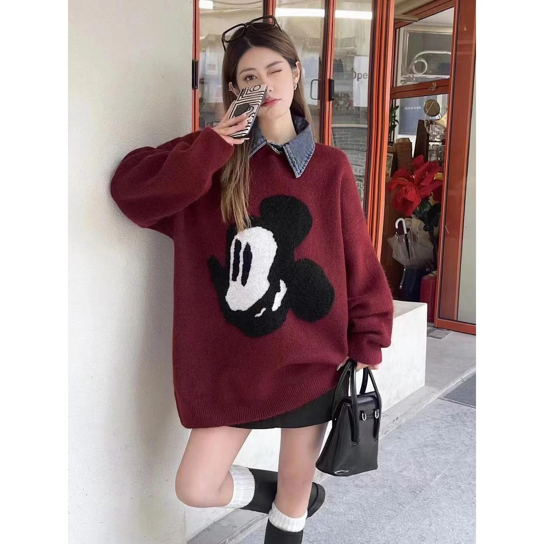 孕妇装秋冬新款韩版宽松假两件衬衫领米奇孕妇毛衣百搭针织衫上衣