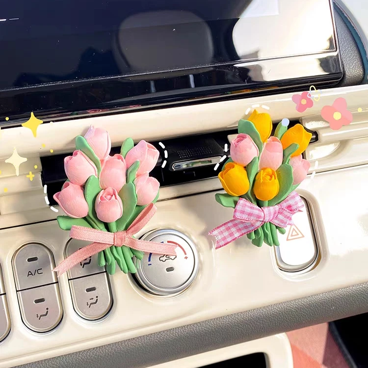 郁金香车载香水香薰汽车空调出风口装饰花朵扩香石香氛车内花束女