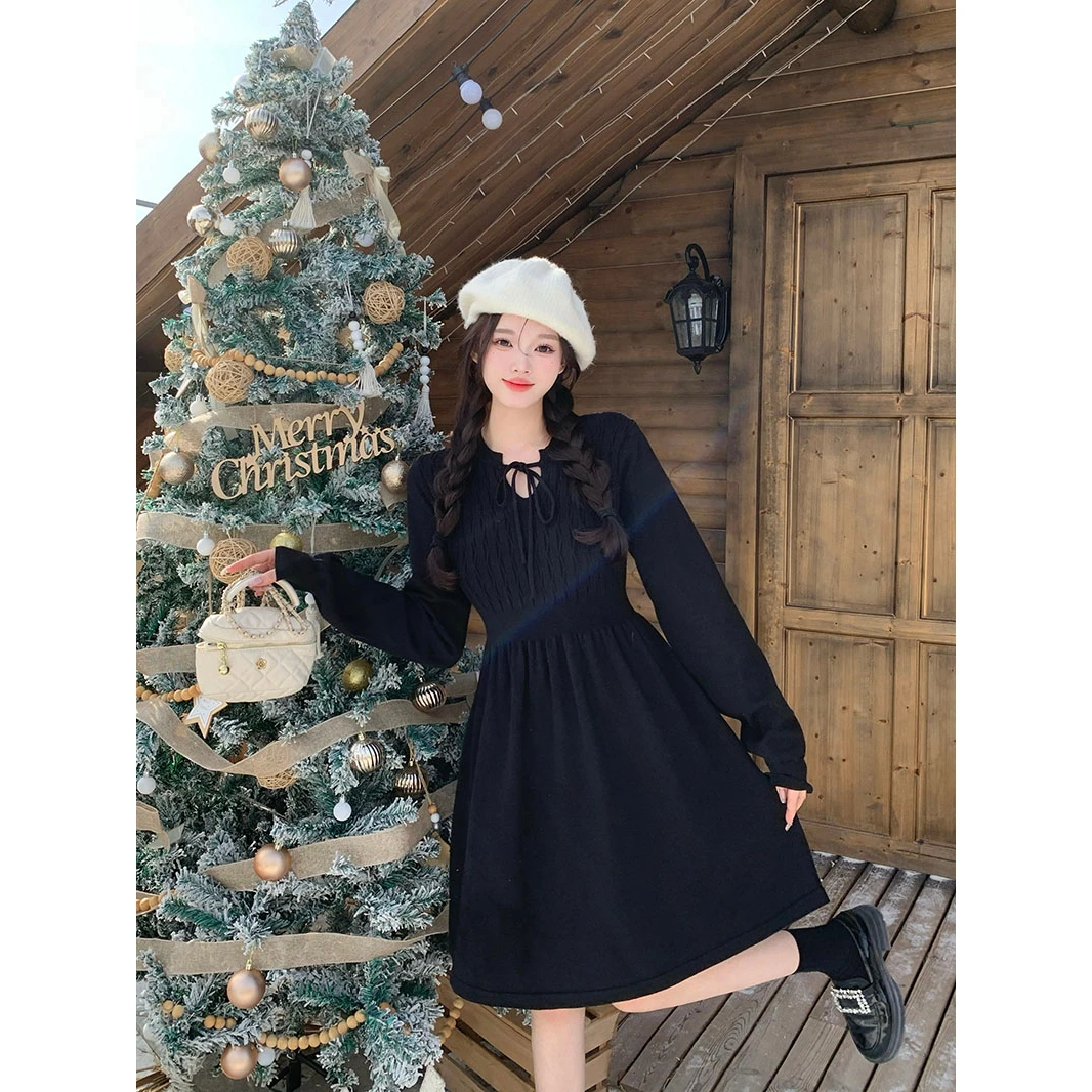 JM71701大码女秋冬新款胖mm甜美修身显瘦慵懒系带毛衣内搭连衣裙