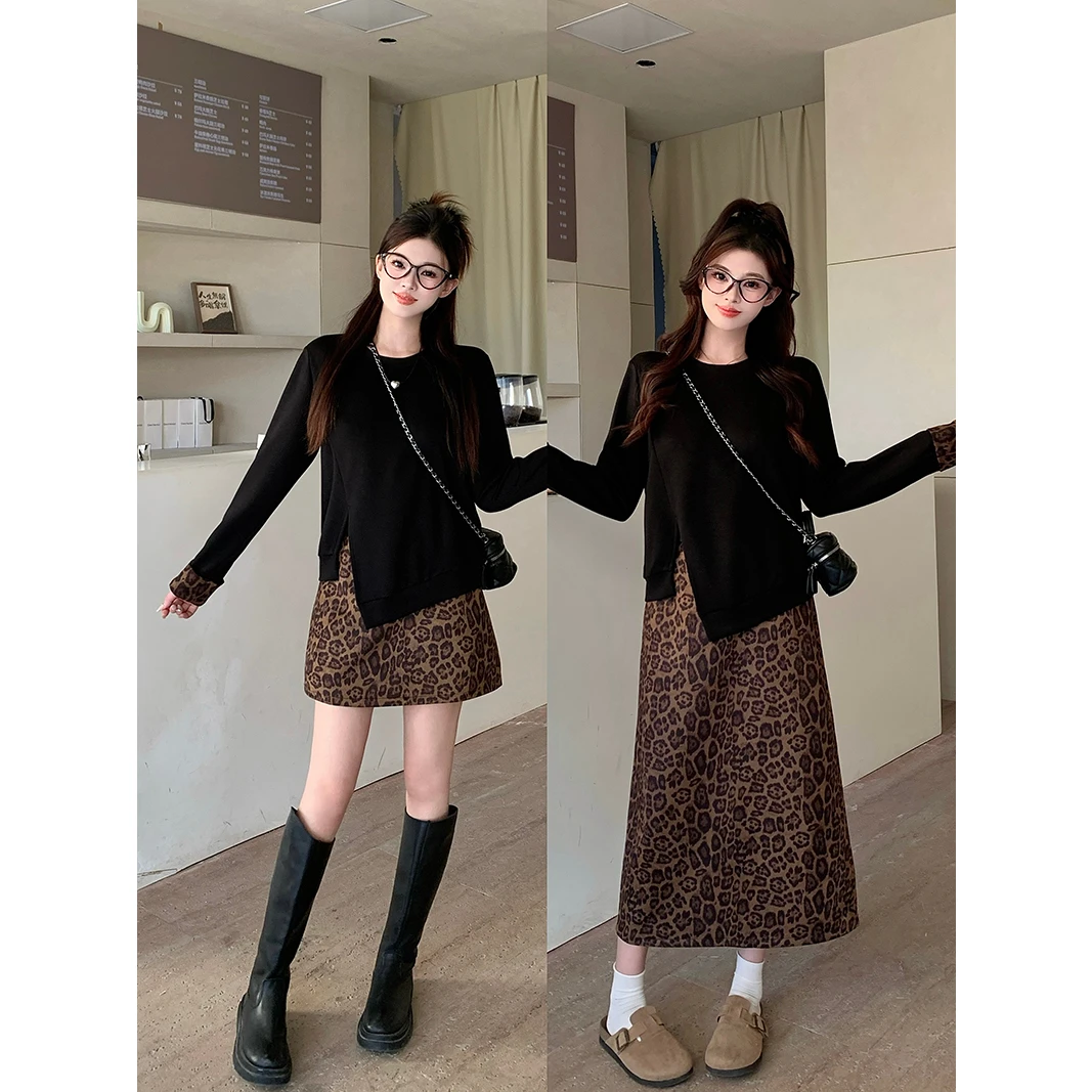 JM20718大码春秋装新款胖mm时尚洋气闺蜜装不规则上衣豹纹长短裙