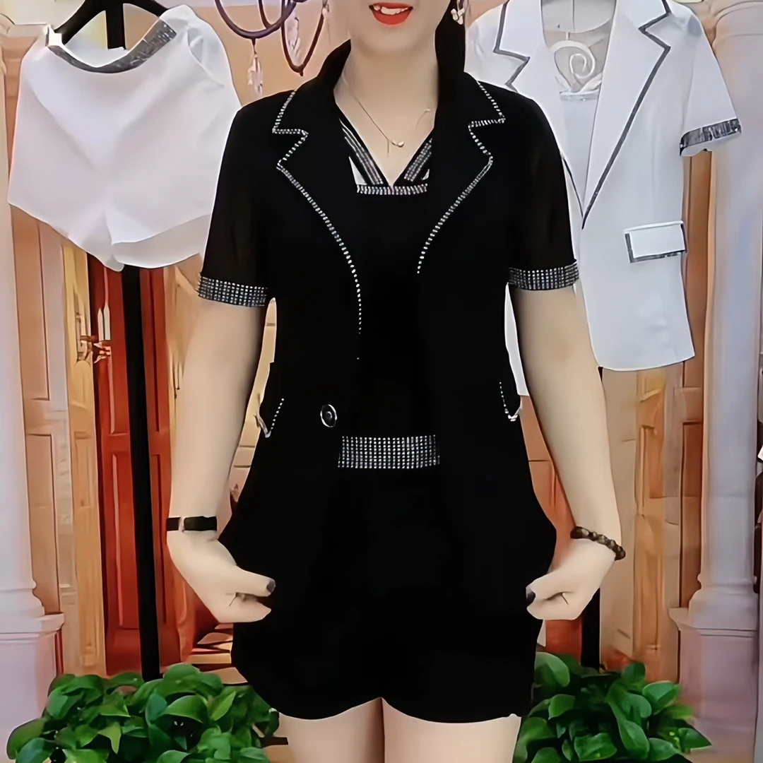 夏季高档镶钻套装三件套女时尚新款简约时尚遮肉显瘦减龄三件套女