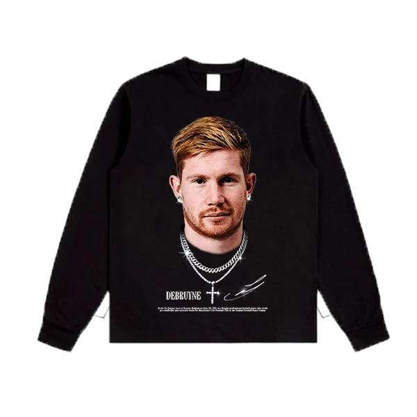 德布劳内大头时尚印花重磅纯棉美式街头小领口数吗直喷做旧长袖t