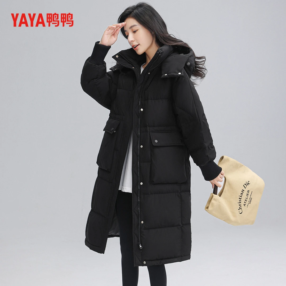 鸭鸭秋冬新款连帽冬季中长款过膝休闲百搭简约舒适外套东北女款黑