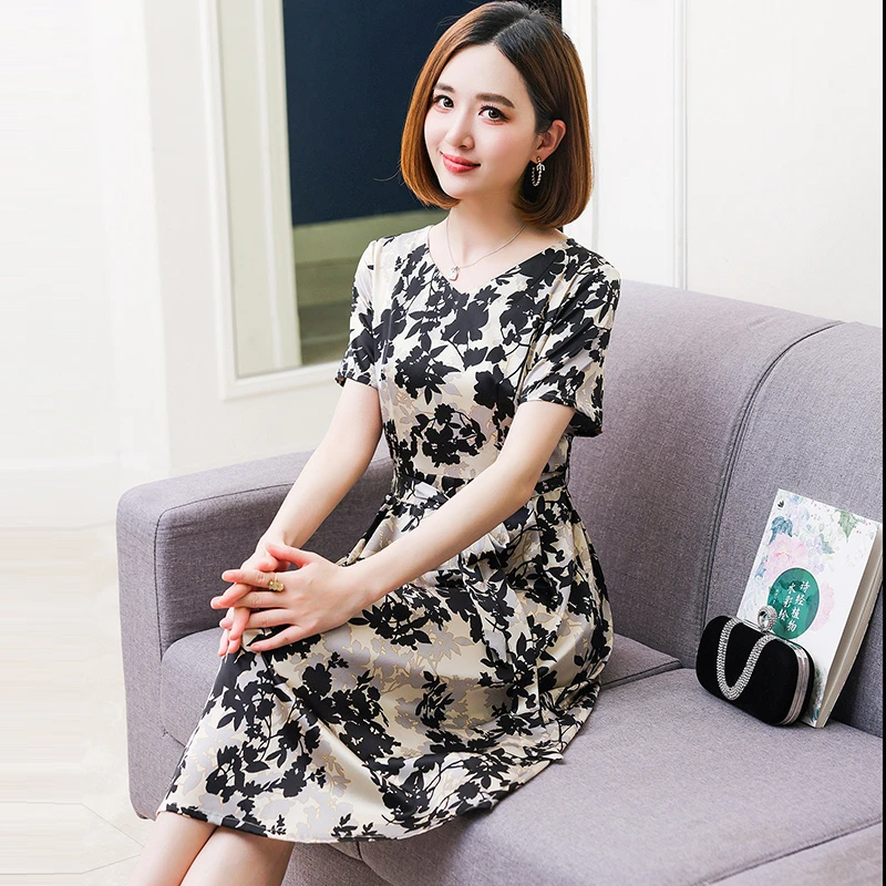 杭州轻奢高端真丝桑蚕丝连衣裙女碎花时尚气质遮肉显瘦裙子夏季