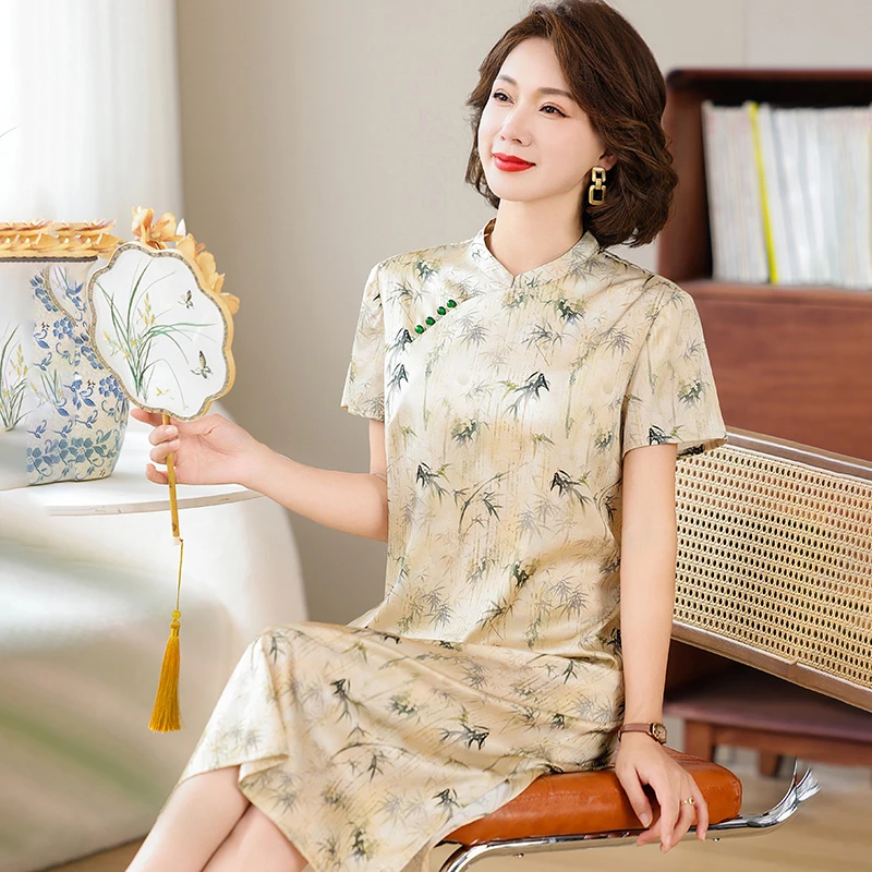 高端桑蚕丝连衣裙女新中式国风改良旗袍真丝复古印花裙子夏季