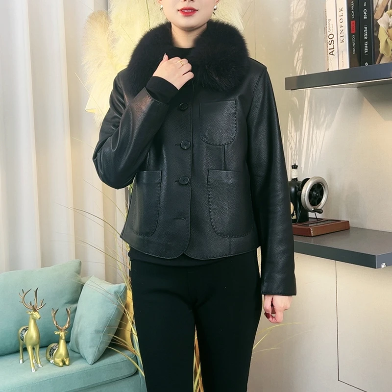 特价海宁真皮绵羊皮皮衣狐狸毛领皮衣女外套小香风鹅绒服冬季短款