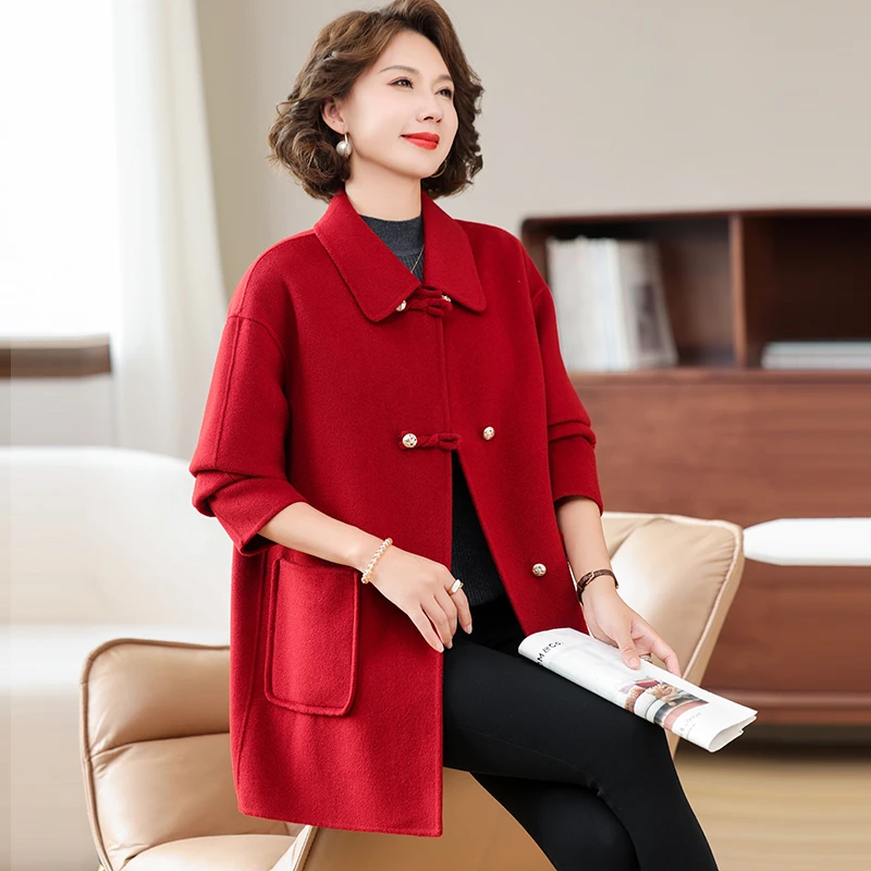 秋冬新款高端双面绒纯羊毛大衣时尚减龄气质款外套妈妈装小个子