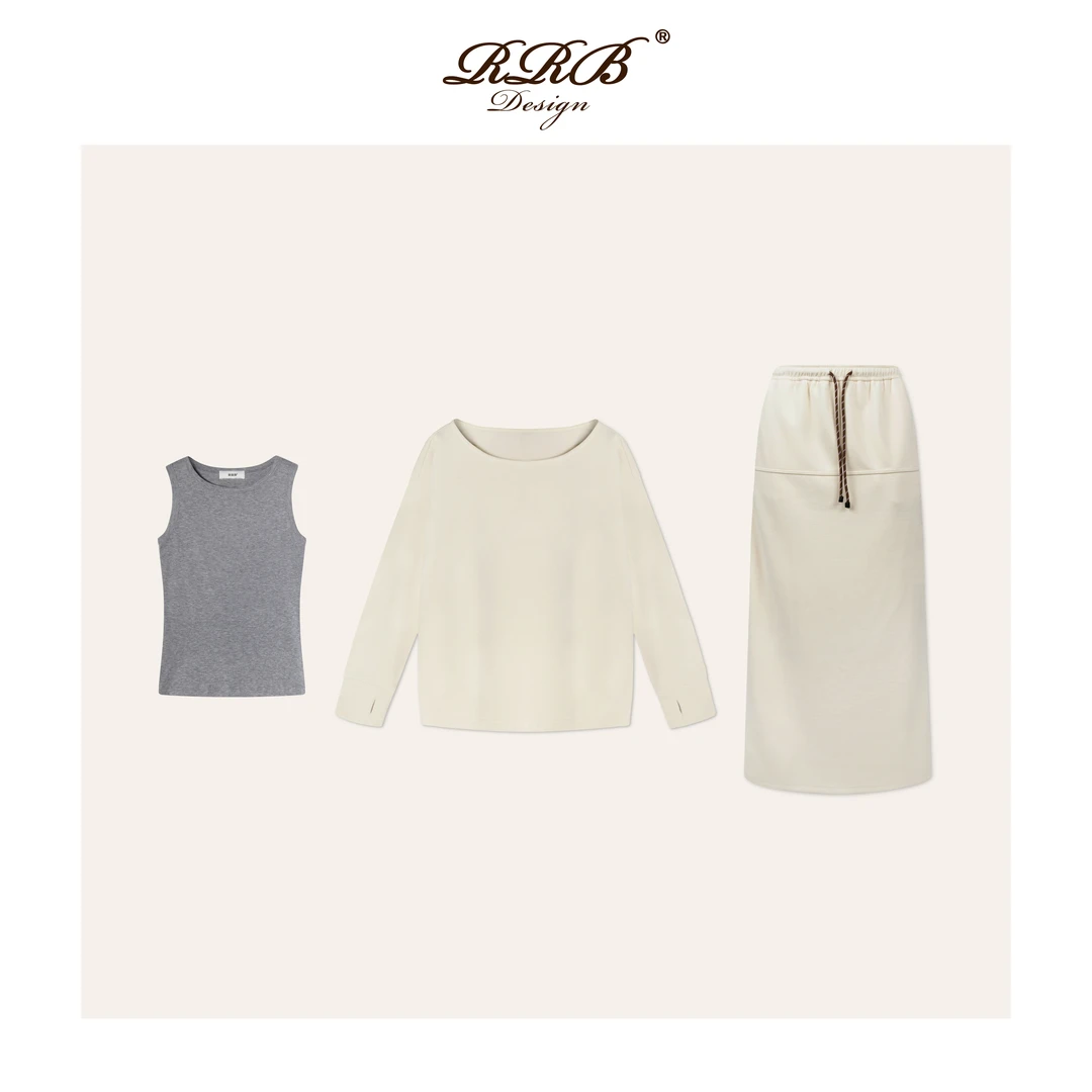 RRB Design「miu系穿搭」醋酸绵羊毛时髦卫衣撞色背心+半身裙三件套