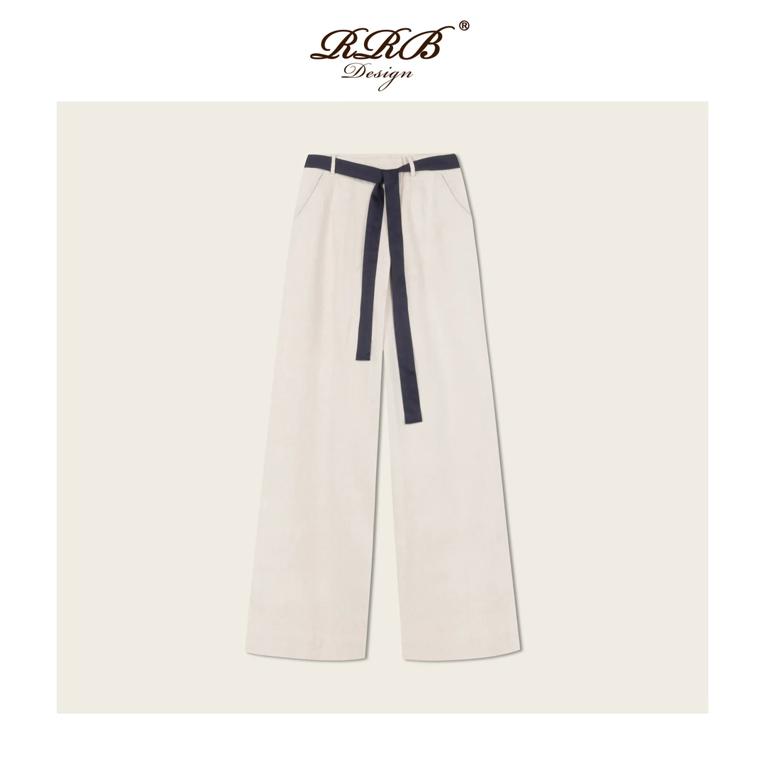 RRB Design 「贝嫂私服」舒适亚麻棉时尚宽松斜裁拼色高腰休闲裤