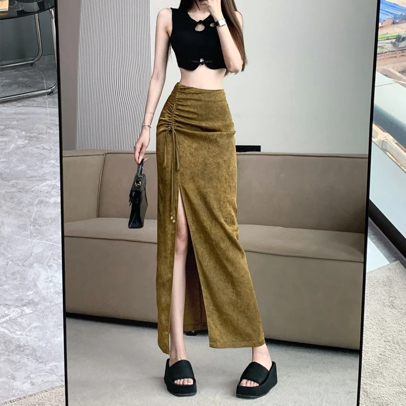 新中式国风复古抽绳半身裙女2024夏季新款显瘦中长款缎面开叉裙子