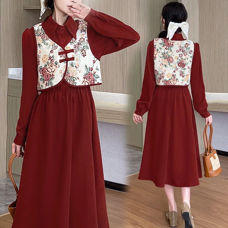 新中式连衣裙女2024秋季新款时尚洋气气质减龄国风盘扣长袖A字裙