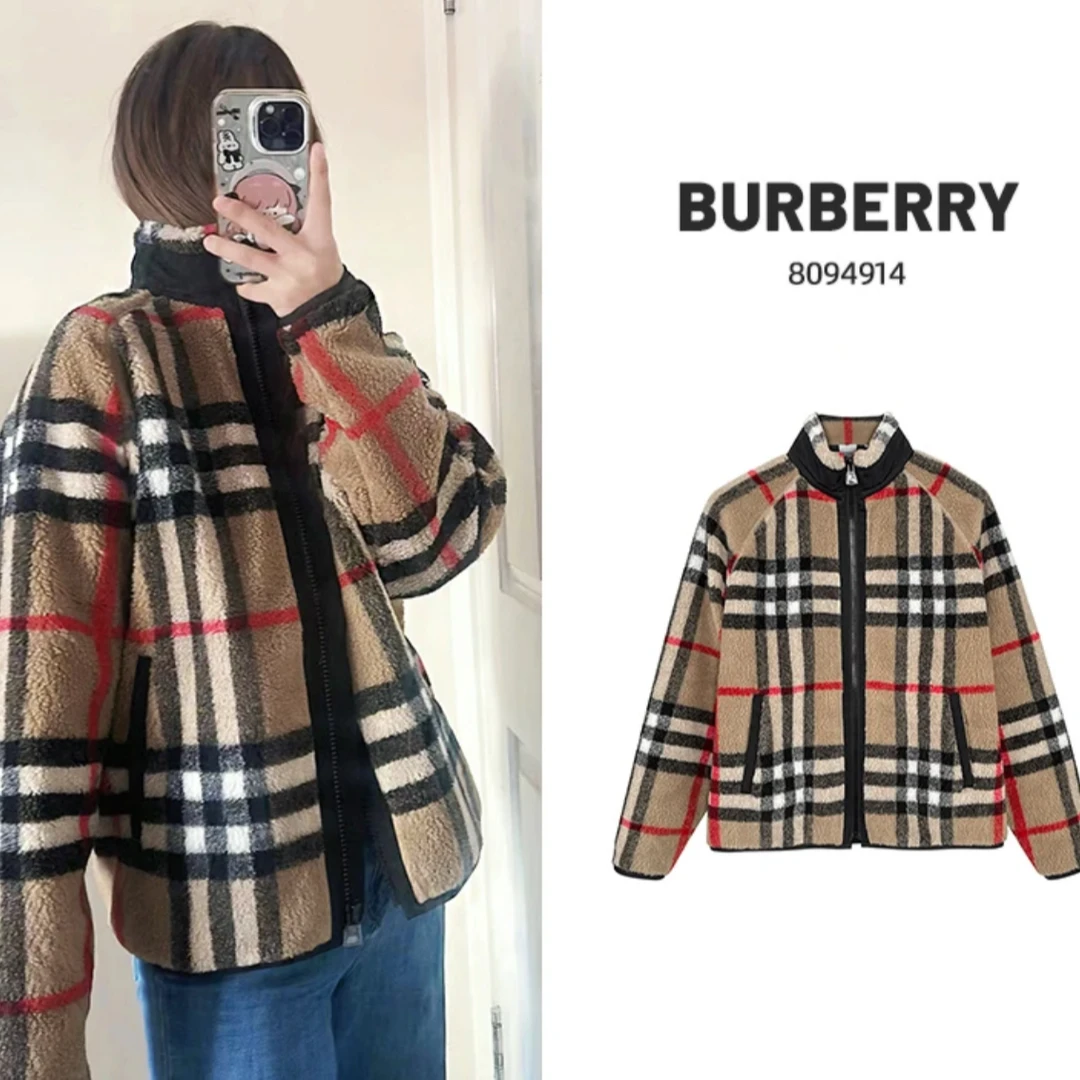 BURBERRY/博柏利奥莱羊毛混纺绒头格纹泰迪熊外套 女 8094914（01）